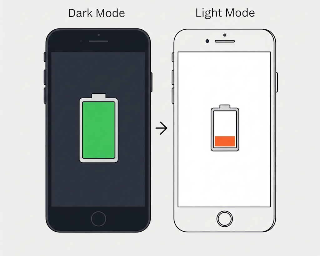 Phone in dark mode with full battery, phone in light mode with low battery.