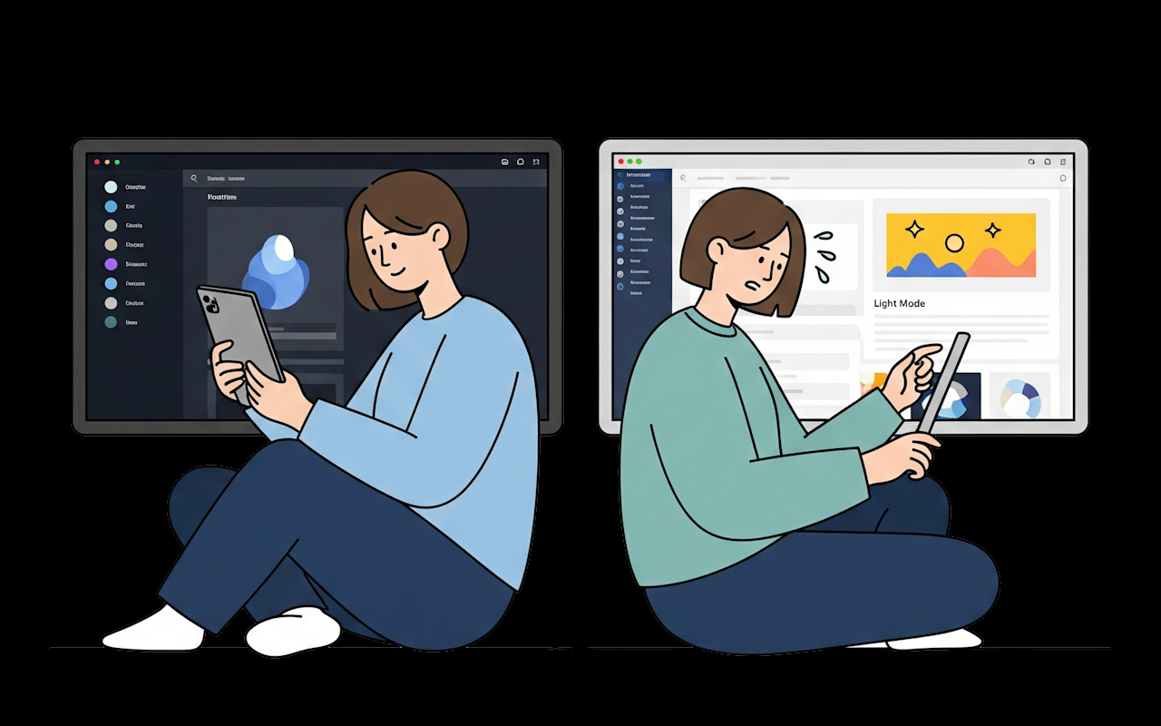 Two people using computers: one calm with dark mode, one stressed with light mode.