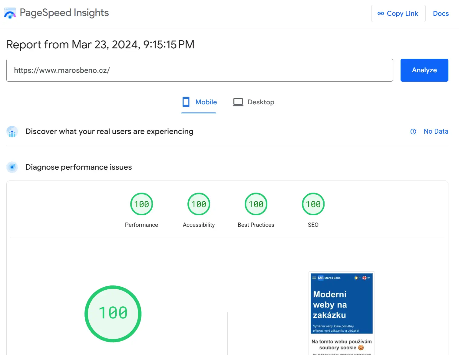 Výsledek měření Core Web Vitals na https://www.marosbeno.cz