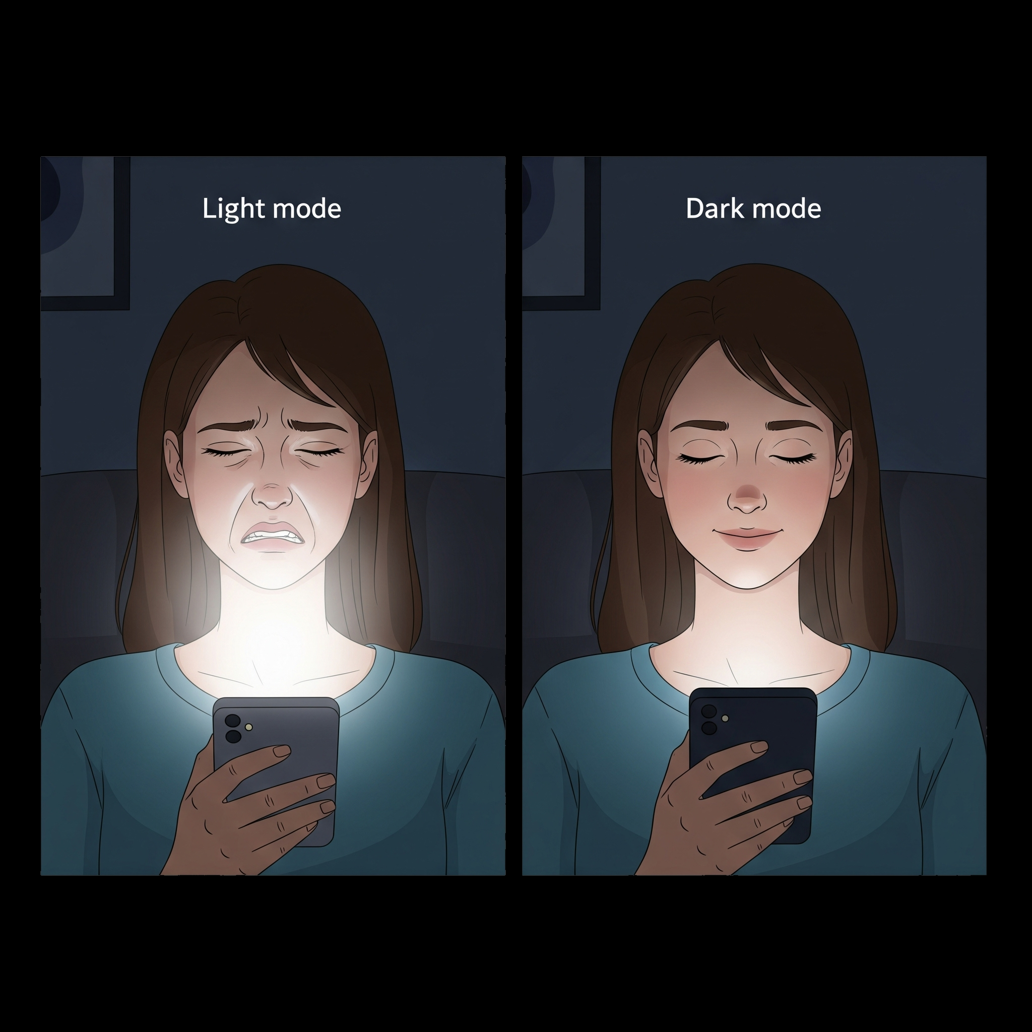 ilustrace namáhání očí světlého režimu v noci